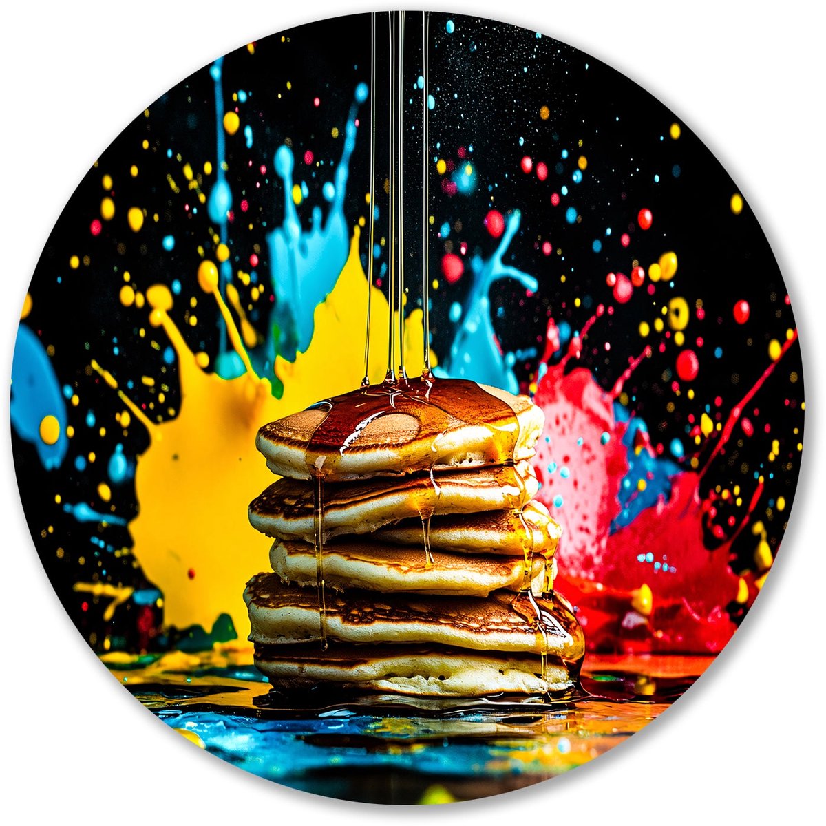 Kleurrijke pannenkoeken met stroop - Pancakes muurcirkel - Wandschaal voedsel - Pop Art - Muurcirkels van Forex - Slaapkamer styling - muurcirkel forex 90x90 cm