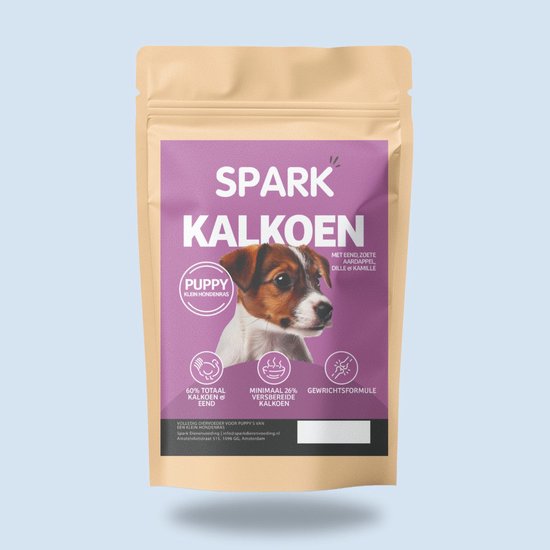 Spark puppy hondenbrokken met kalkoen en eend. Lichte paarse verpakking met een puppy.