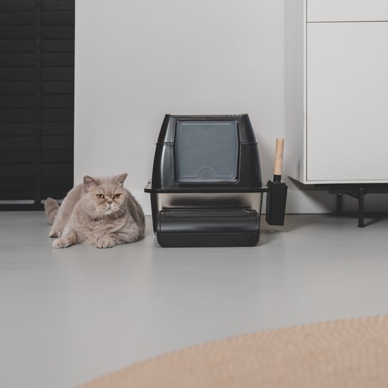 Nuvona Premium Kattenbak RVS - XXL - Incl. Geurneutralisator - Incl. Kattenbakschep & Grit Opvanger - Voor Grote & Kleine Katten - 37L Inhoud - Zwart