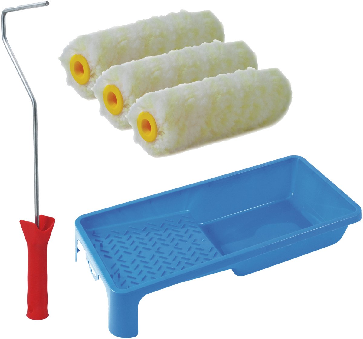 Sorex pluisvrije verfrollers schilderen set - met beugel en verfbak - 3x anti spat vacht rollers - pluisvrij - breedte 10 cm - dikte 4 cm