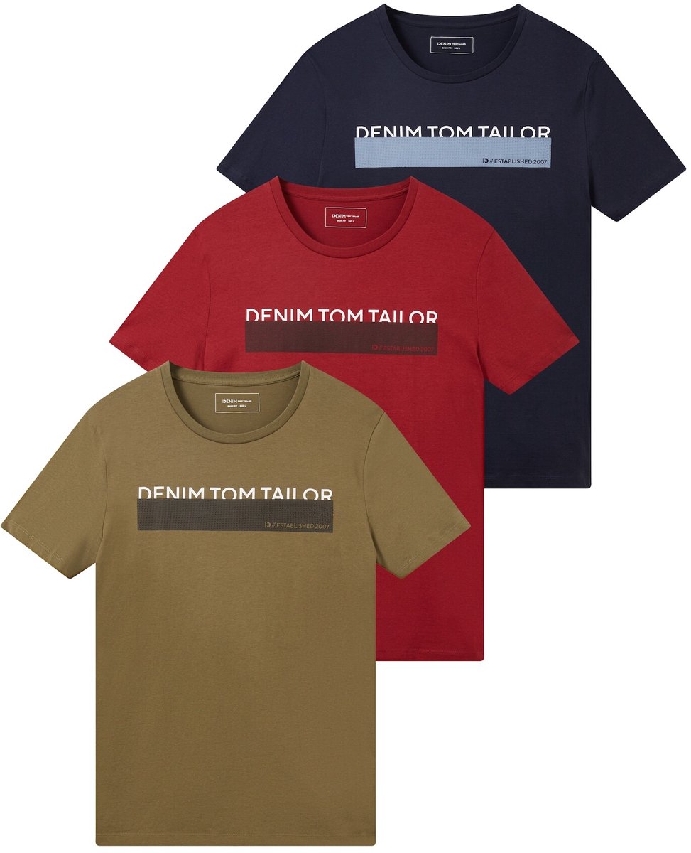 Tom Tailor Denim - T-shirt met print in een set van 3 - Maat XXL - Dry Greyish Olive