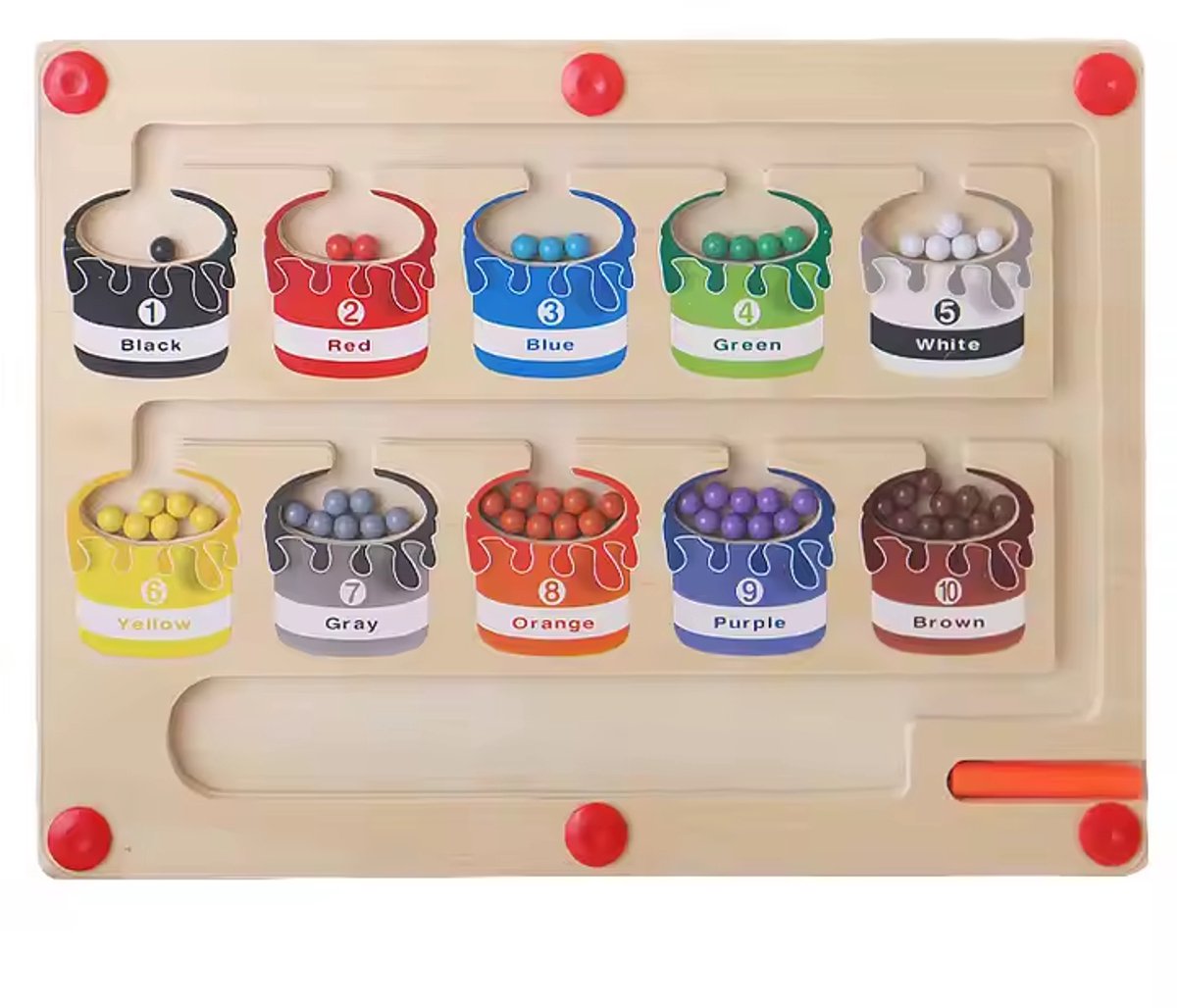 Houten magnetisch doolhof spel - Educatief montessori speelgoed - Engelse kleuren - Peuter speelgoed - Reisspeelgoed - Speelgoed voor onderweg - Kleuren en motoriek - KleuroefeningMagnetisch doolhof