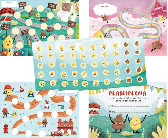 Set van beloningskaarten voor zindelijkheidstraining kind - 4 x beloningskaart - 90 beloningsstickers - plasdiploma