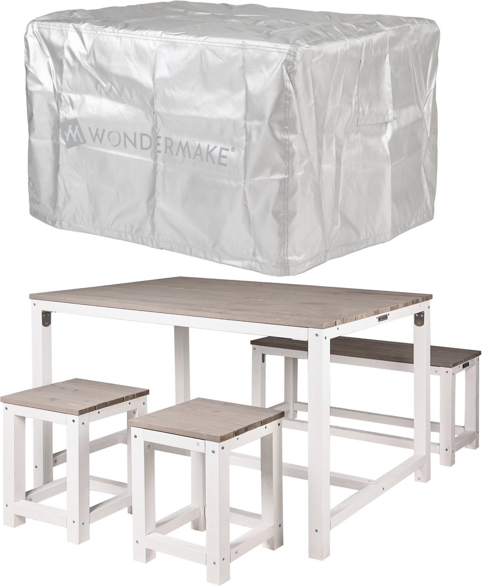 WONDERMAKE® Design Houten Tuinmeubelset met Hoes voor 4 Personen, Tuin- en Balkonset, 4-delige Eettafelset: Tafel, Bank, Stoelen, Kruk, Wit/Grijs