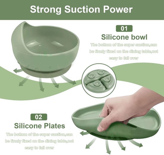 8-Delig Baby Servies Set (Siliconen) - Bord met Zuignap + Drinkbeker + Slab + Bestek - Vaatwasser- & Ovenbestendig - BPA-Vrij - Lichtgroen van Merkloos — afbeelding 3