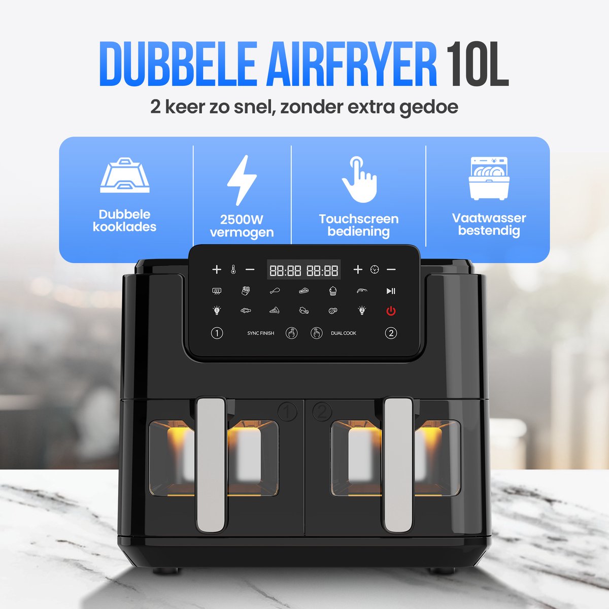 Afbeelding 2 van Strex Airfryer XXL - 10L - 2500W - Heteluchtfriteuse - Dubbele Airfryer - 50ºC tot 200ºC - 10 Kookprogramma's - Zwart