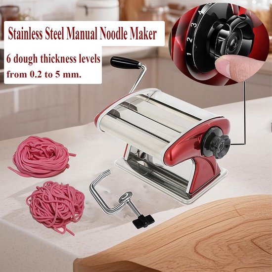 Pastamachine - Handmatig - Pasta Maker - Noedels Maker - Multifunctionele Pastamaker - Zelf Pasta Maken - met 2 messen (2mm/4mm) - Compacte Pasta Maker - Met 6 Instelbare Dikte Instellingen - Dumpling Roller - Met Extra's - RVS - rood van Merkloos — afbeelding 3