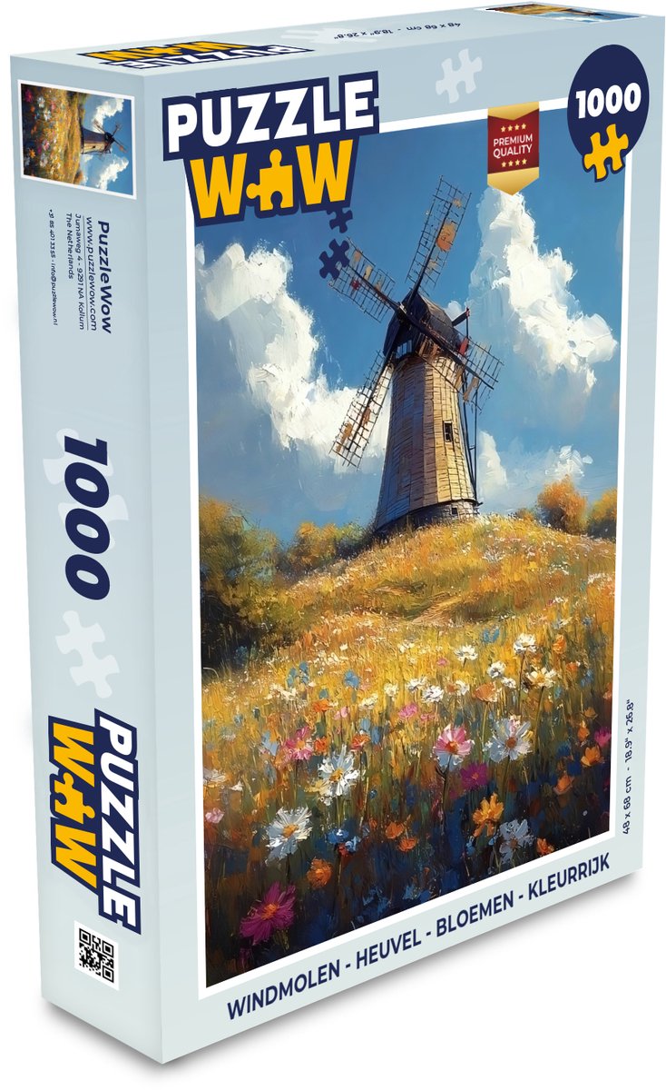 Puzzel Windmolen - Heuvel - Bloemen - Kleurrijk - Legpuzzel - Puzzel 1000 stukjes volwassenen