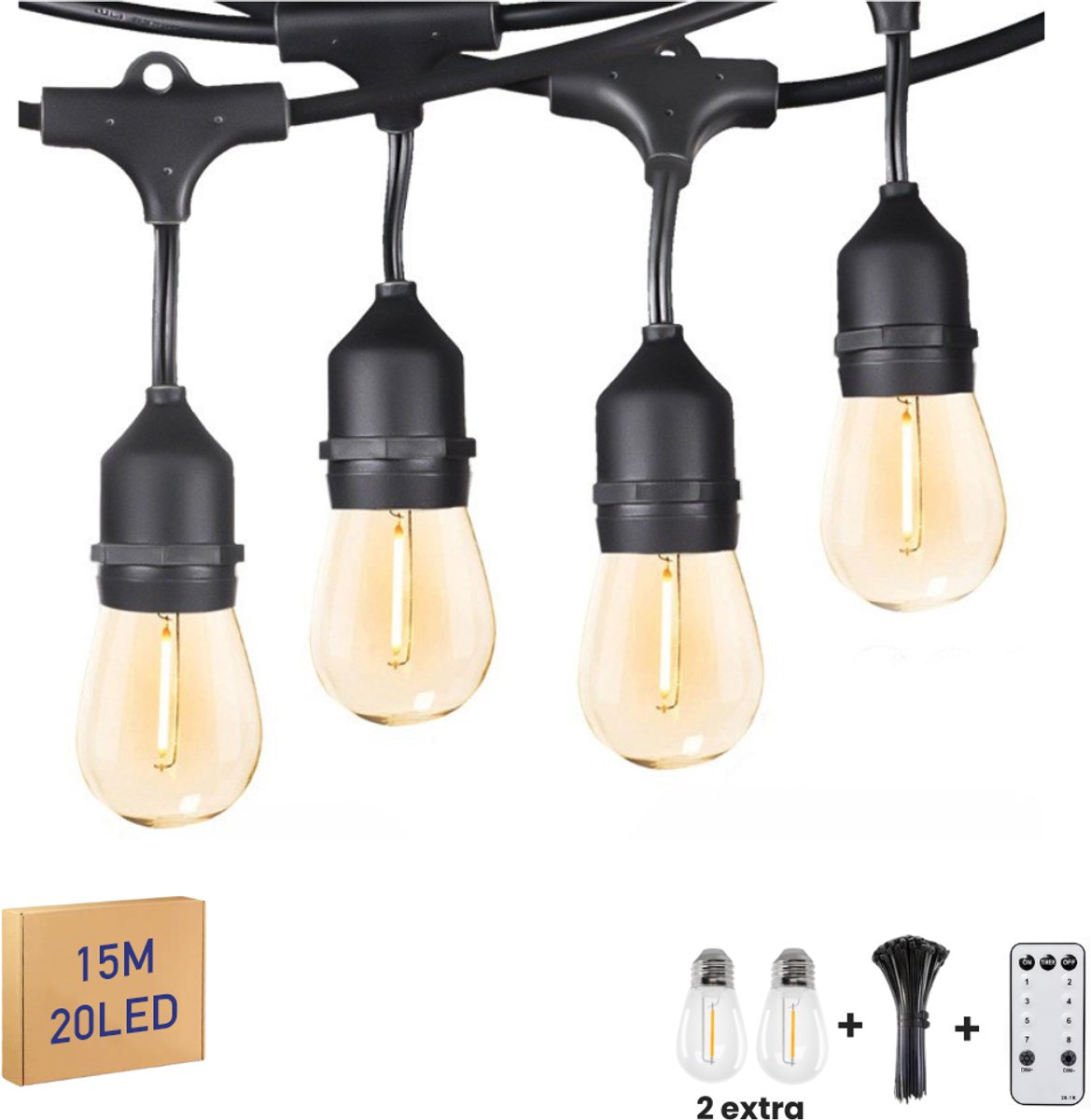 Kaëru® Buiten lichtsnoer – Sfeerverlichting – LED Waterdicht String Light – 15 Meter – 20 Warm Witte Lampen + 2 Reserve – IP65 Waterdicht – Met Afstandsbediening – Tuinverlichting buiten lichtsnoeren – Feestverlichting