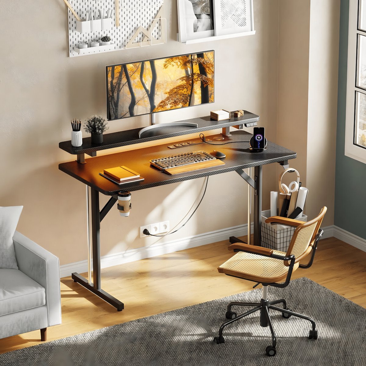 Five Stars® Game Bureau - Game Bureau met LED verlichting - Zwart Carbon - Gaming Desk - Computertafel - RGB LED Verlichting