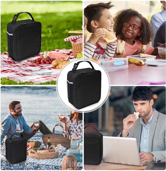 Geïsoleerde lunchtas, lekvrije draagbare lunchbox voor vrouwen, mannen, jongens, meisjes, grote koeltas met handvat en flessenvak voor kantoor, school, kamperen, wandelen, picknick op het strand (zwart) van Merkloos — afbeelding 4
