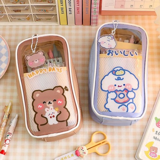 Kawaii-etui, schattige beer-konijn Kawaii-etui, transparante beer-etui met grote capaciteit, schattige etui schoolbenodigdheden for meisjes jongens studenten tieners (Color : B