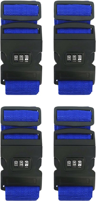 Kofferriem met cijferslot en kofferlabel - 4 stuks - Verstelbaar - Bagageriem - 200 Centimeter - Extra Beveiliging - Reizen - Blauw