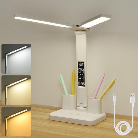 Foto: Led bureaulamp bureau accessoires bedlampen usb opladen touch control oogbescherming tafellamp 3 verstelbare kleuren telefoonhouder 3 in 1 lcd kalender temperatuur alarm voor thuis lezen werkplek verlichting moderne lamp