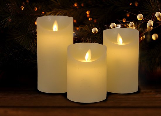 LED kaarsen met bewegende vlam 3x - Ivoor - Ivory - Afstandsbediening - Stompkaars rustiek wax - LED kaars batterij - 7.5 x 10 12.5 15 cm