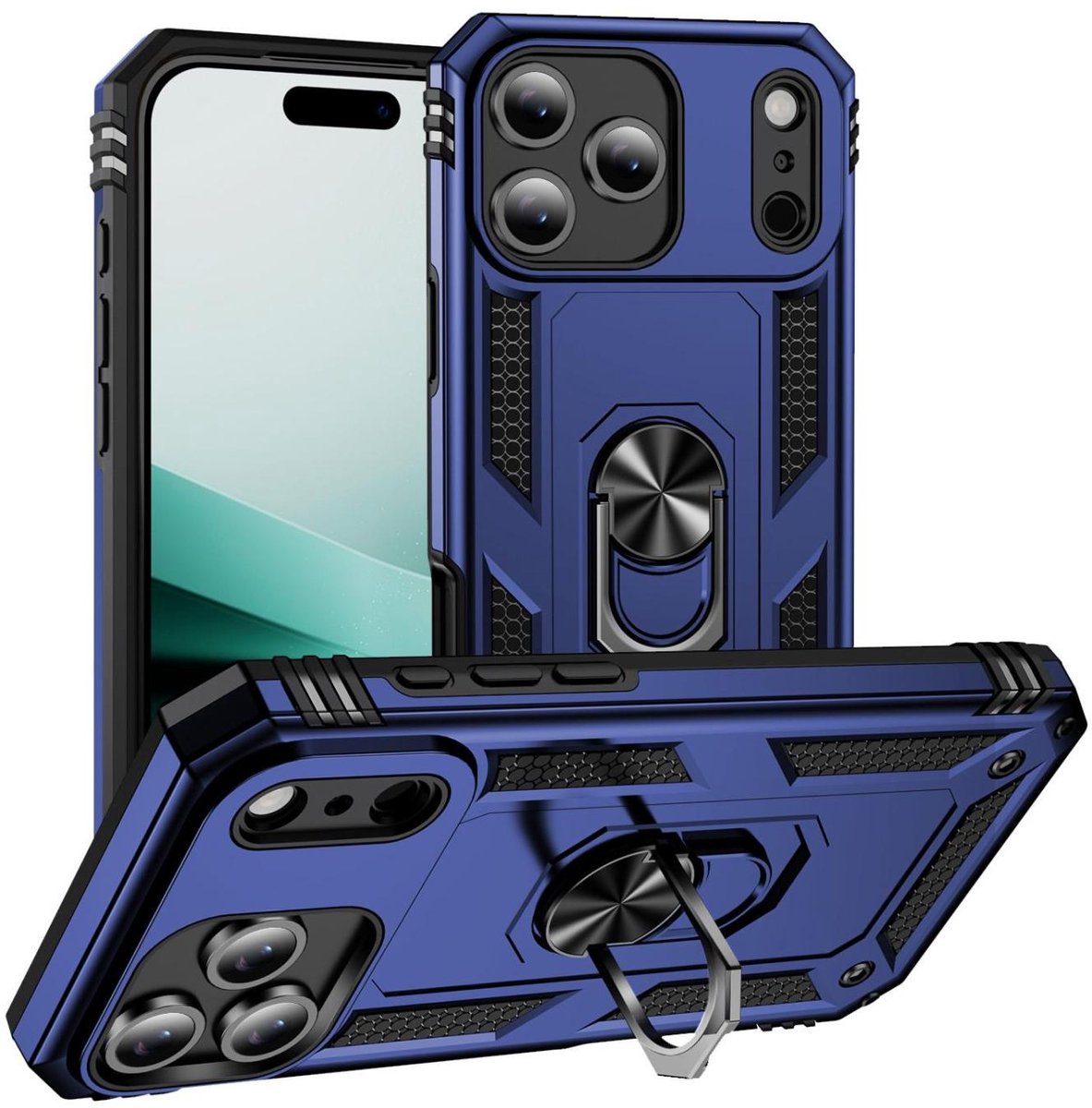 Mobigear Hoesje geschikt voor Apple iPhone 17 Pro Telefoonhoesje Hardcase | Mobigear Armor Ring Backcover Shockproof met Ringhouder | Schokbestendig iPhone 17 Pro Telefoonhoesje | Anti Shock Proof - Blauw
