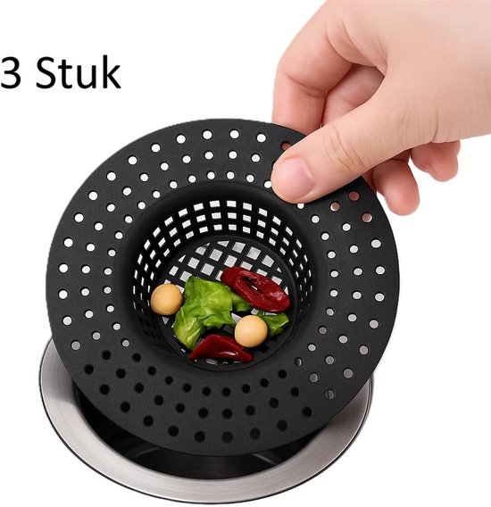 Lot de 3 crépines d'évier en Siliconen noir - Filtre de vidange pour évier de cuisine - 9,8 × 1,5 cm - Anti-obstruction - Compatible lave-vaisselle