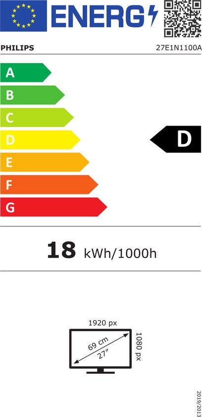 Energie-etiket voor Philips monitor 27E1N1100A, klasse D, 18 kWh/1000h, 27 inch, Full HD.