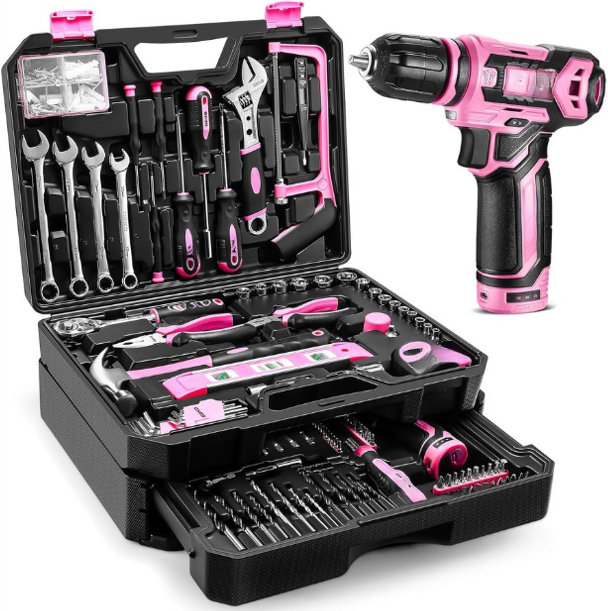 Tool Kit Box Boor Set Home Mechanic Toolbox Met 12V Power Draadloze Boor Hand Reparatie Gereedschap Sets Combo Kits Opslag Organizer Lade Case Voor Vrouwen
