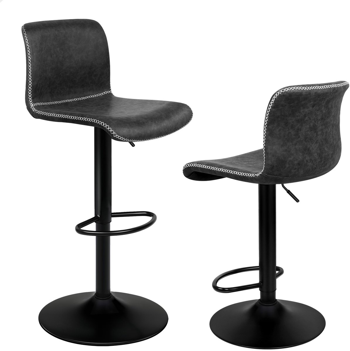 Barkruk Set van 2, Vintage, In hoogte verstelbaar, Barkruk met rugleuning voor keukendraaibaar, Gasveer