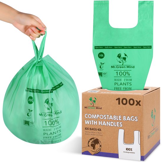 Sac poubelle vert compostable de 10L et boîte de 100 pièces, 42x46cm.