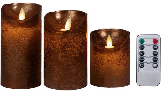 Foryouliving - LED kaarsen met bewegende vlam 3x - Brons - Bronze - Afstandsbediening - Stompkaars rustiek wax - LED kaars batterij - Timer - 7.5 x 10 12.5 15 cm