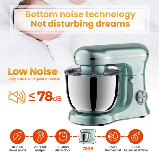 Royal Swiss Keukenmixer 5L Mintgroen - 10 Snelheden + Pulse - 1500W - Planetaire Mengfunctie - Inclusief Deeghaak, Menghaak & Garde - RVS Mengkom van Royal Swiss — afbeelding 5