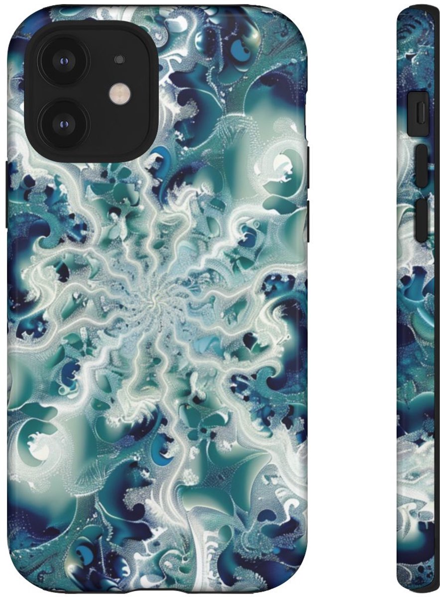 Blauw-Groene Fractalwerveling met Glans – Telefoonhoesje Geschikt voor iPhone 12