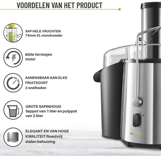 Hoogwaardige Sapcentrifuge Voor Groenten En Fruit - 850W Met 2 Snelheden - Centrifugaal Juicer Voor Sinaasappel En Citrus - Brede Opening 75mm - Antislip Bodem — afbeelding 3