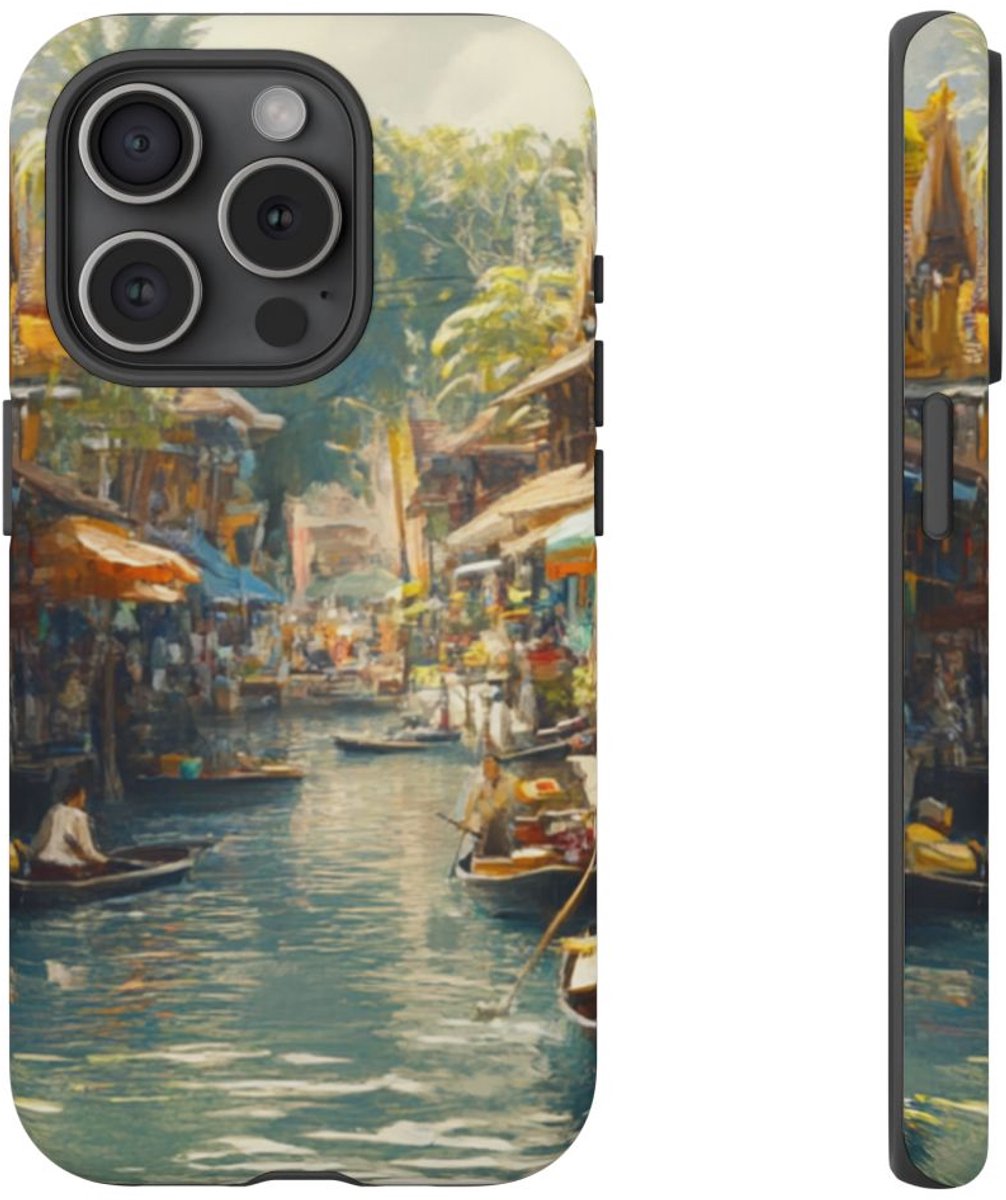 Levendige Watermarkt met Boten en Kraampjes – Telefoonhoesje Geschikt voor iPhone 15 Pro