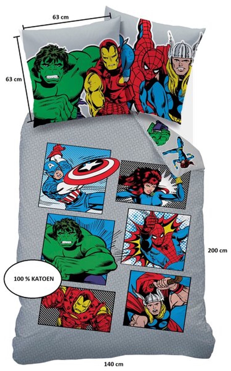 Marvel Avengers Dekbedovertrek Comics - 140 x 200 + 63 x 63 cm - Katoen