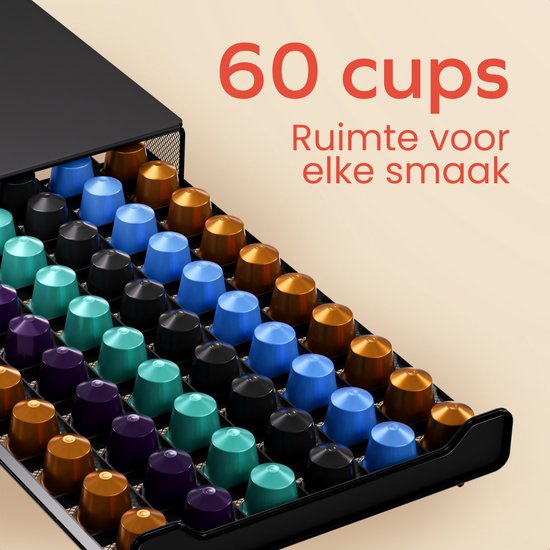 Zwarte capsulehouder met een lade die 60 cups bevat in verschillende kleuren.