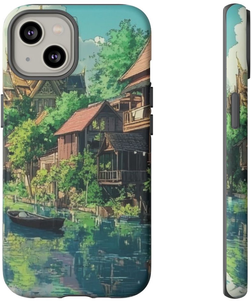 Rivieroever met Traditionele Huizen en Boten – Telefoonhoesje Geschikt voor iPhone 14