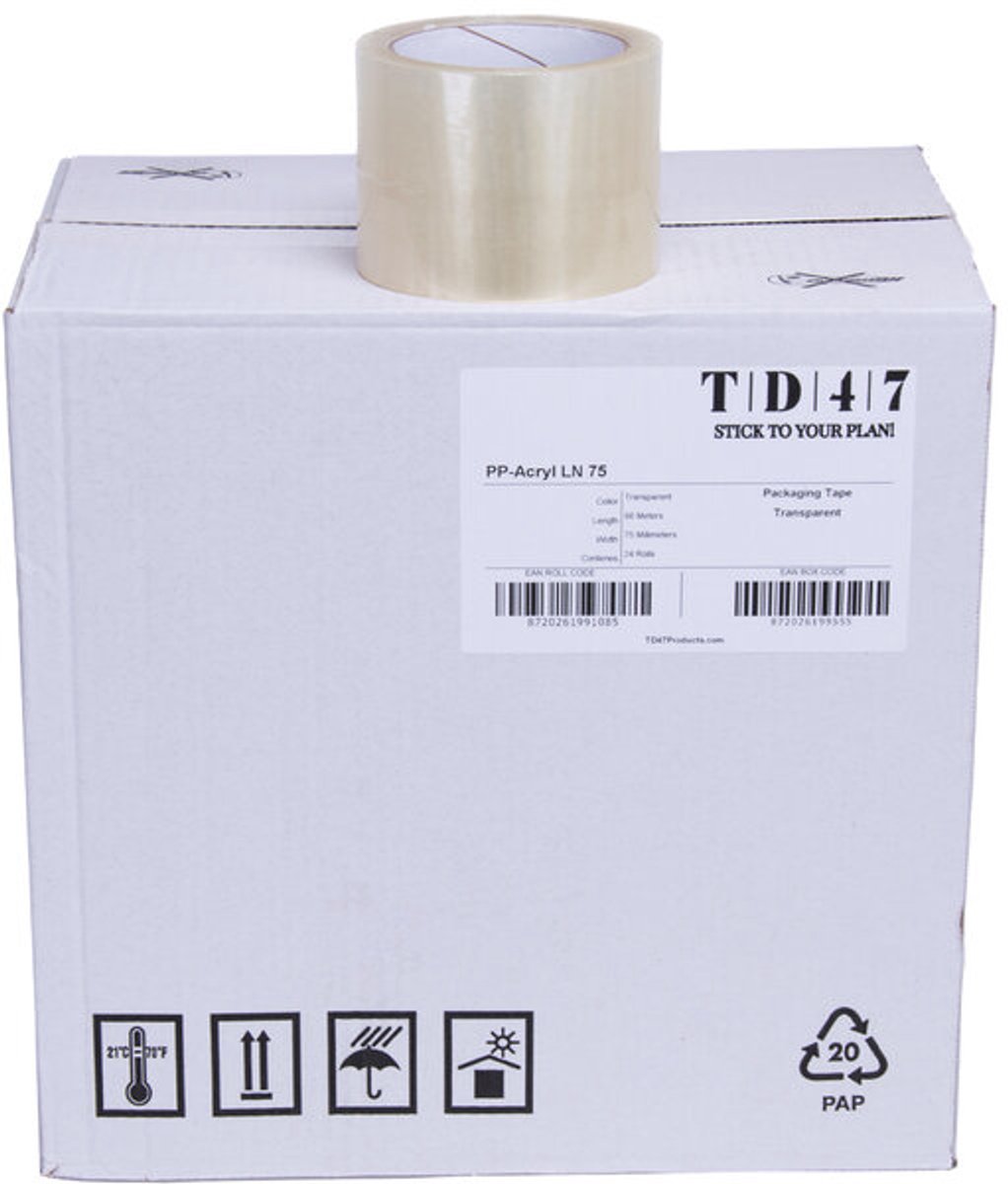 TD47 Verpakkingstape PP low noise 75mm x 66m Transparant (Doos 24 Rol)