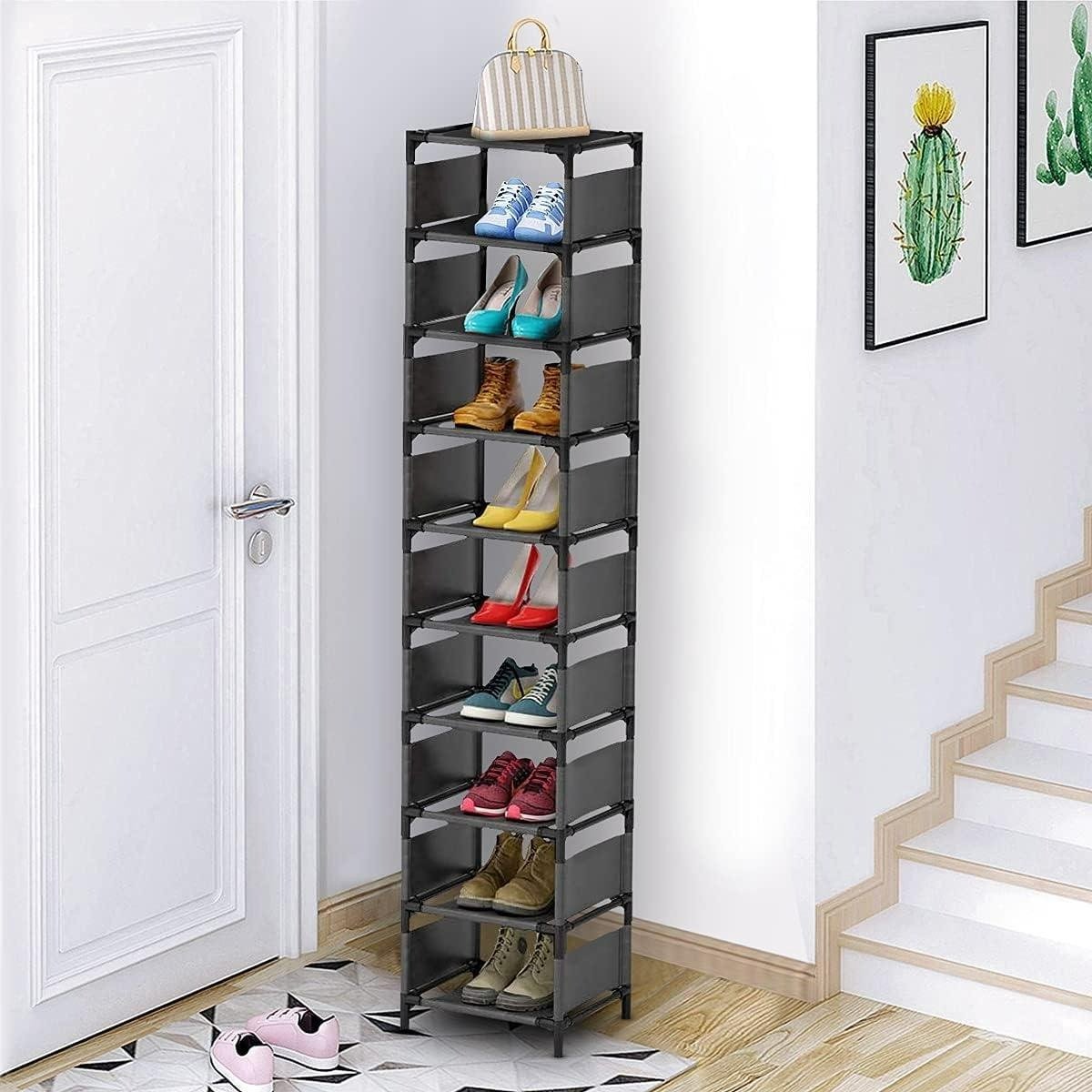 WNHB® 10-Laags Schoenenrek – Ruimtebesparende Schoenenorganizer – Smalle Stapelbare Schoenenplanken voor 10 Paar – Opbergrek voor Entree Kast Slaapkamer Garage