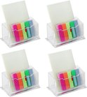 Vier transparante houders met lichtgele post-its en gekleurde markeerstiften in roze, oranje, groen en blauw.