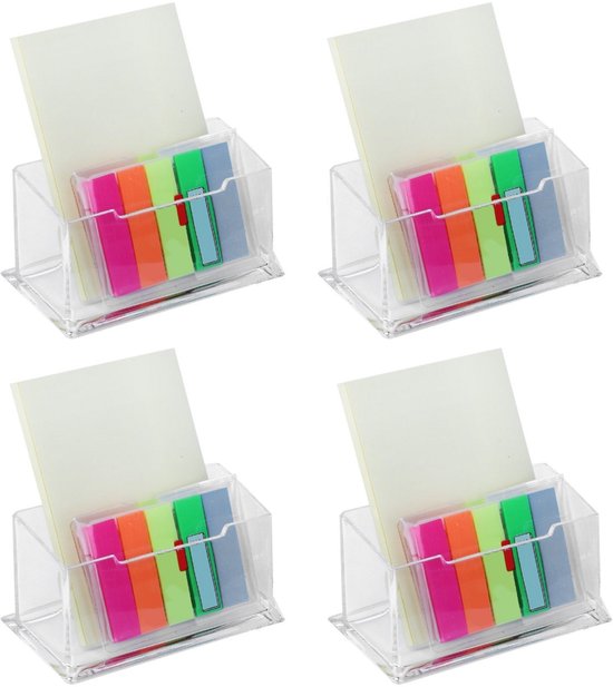 Vier transparante houders met lichtgele post-its en gekleurde markeerstiften in roze, oranje, groen en blauw.