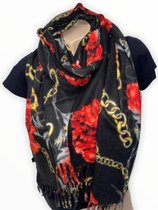 Lange Warme Sjaal - Bloemen - Kettingprint - Zwart - 180 x 70 cm (2032)
