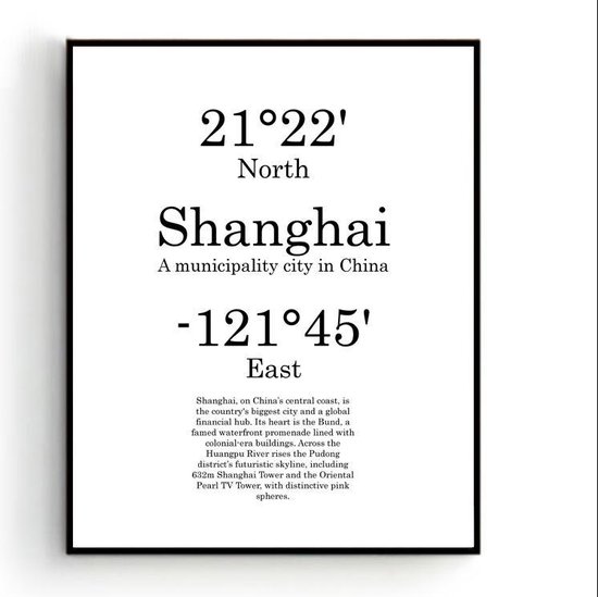 Steden Poster Shanghai met Graden Positie en Tekst - Muurdecoratie - Minimalistisch - 40x30cm - PosterCity