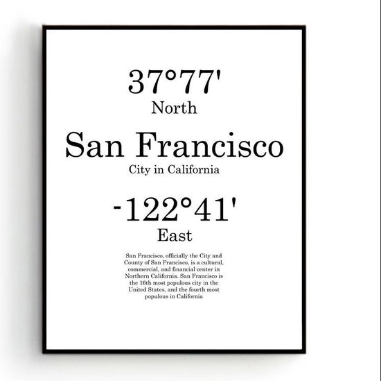 Affiche Villes San Francisco avec Position Degrés et Texte - Décoration murale - Minimaliste - 50x40cm - PosterCity