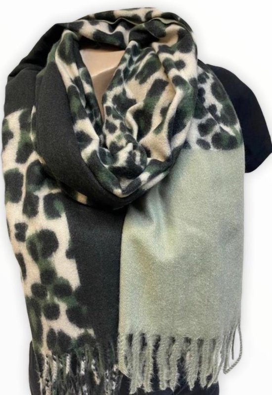 Lange Dames Sjaal - Panter - Luipaard - Groen - Grijs - 180x70 CM
