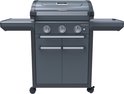 Antracietkleurige Campingaz 3 Series Premium S gasbarbecue met 3 branders, zijbladen en opbergkast.