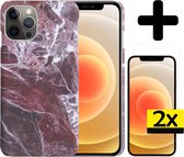 Hoes voor iPhone 12 Pro Hoesje Marmer Case Rood Hard Cover Met 2x Screenprotector - Hoes voor iPhone 12 Pro Case Marmer Hoesje Back Cover - Rood