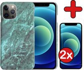Hoes voor iPhone 12 Pro Hoesje Marmer Hardcover Fashion Case Hoes Met 2x Screenprotector - Hoes voor iPhone 12 Pro Marmer Hoesje Hardcase Back Cover - Groen x Zwart