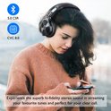 Vrouw met donker haar in een oranje trui, kijkend naar haar telefoon, draagt een zwarte koptelefoon. Toont "5.0 CSR" en "CVC 8.0".