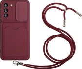 Voor Samsung Galaxy S21 5G Sliding Camera Cover Design TPU Beschermhoes met Card Slot & Neck Lanyard (wijnrood)