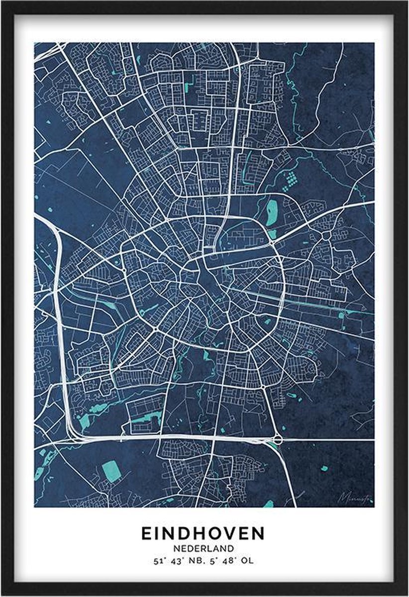Poster Stad Eindhoven - A4 - 21 x 30 cm - Inclusief lijst (Zwart Aluminium)