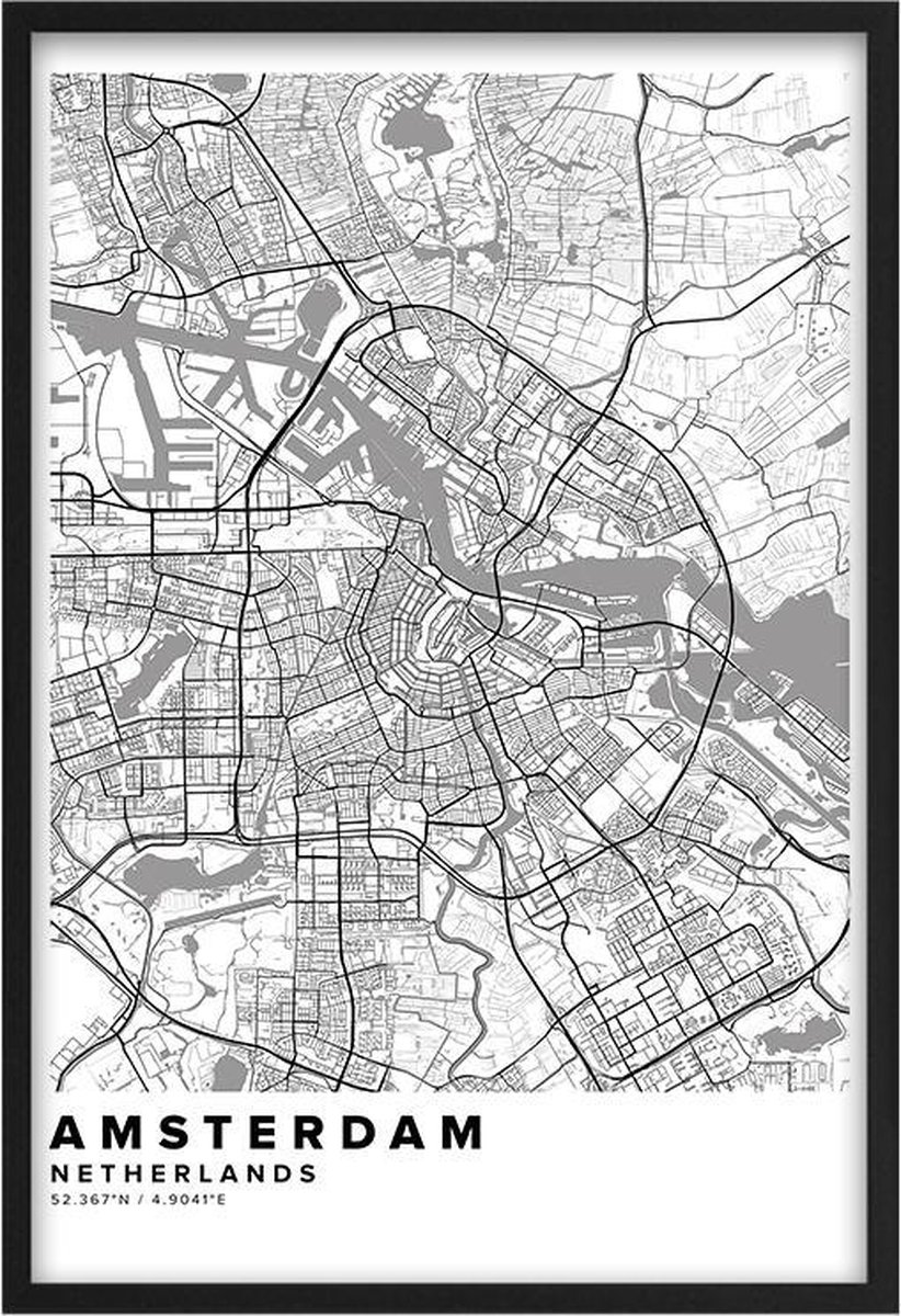 Poster Stad Amsterdam - A3 - 30 x 40 cm - Inclusief lijst (Zwart MDF)