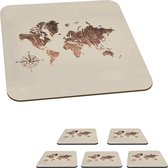 Onderzetters voor glazen - Wereldkaart - Hout - Kompas - 10x10 cm - Glasonderzetters - 6 stuks