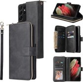 Voor Samsung Galaxy S21 Ultra Rits Portemonnee Tas Horizontale Flip PU Lederen Case met Houder & 9 Kaartsleuven & Portemonnee & Lanyard & Fotolijst (Zwart)